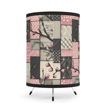 Cherry Blossom Patchwork Table Lamp - Pink and Black Floral Design with Tripod Base, Soft Lighting - Great for Office, Living Room, Nursery