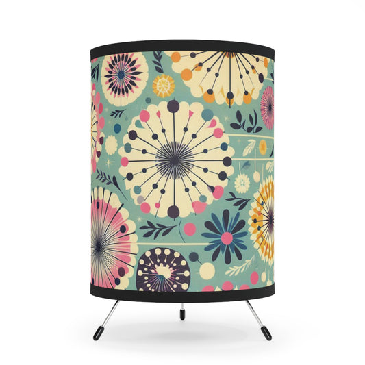 Tripod Table Lamp - Retro Dandelions in Teal, Cream, Pink, and Orange