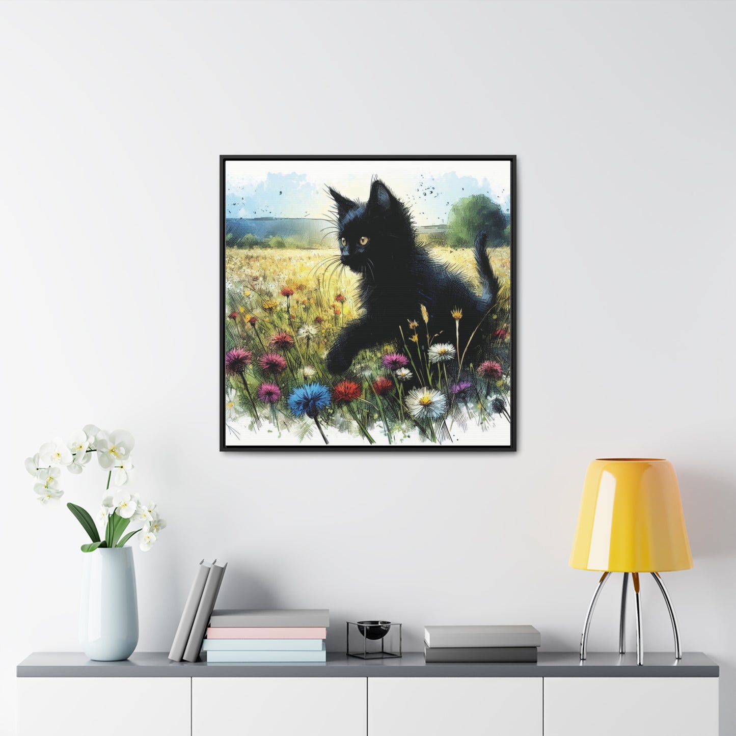 Black Cat Playing in Meadow Gallery-Wrapped Canvas - Cat Lover Gift, Decor for Child's Room or Nursery, Storybook Style Art