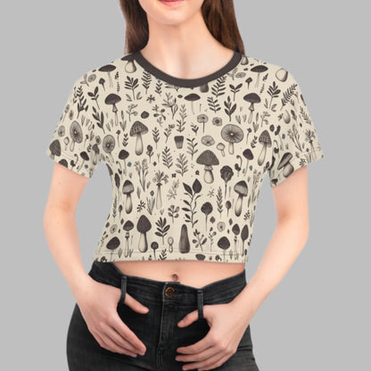 Crop Tee - Woodland Charm Black & White Mushroom Botanicals