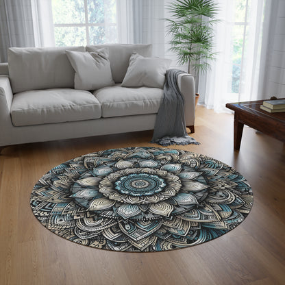 Round 60" x 60" Rug - Boho Mandala Pattern with Blue and Black Tones