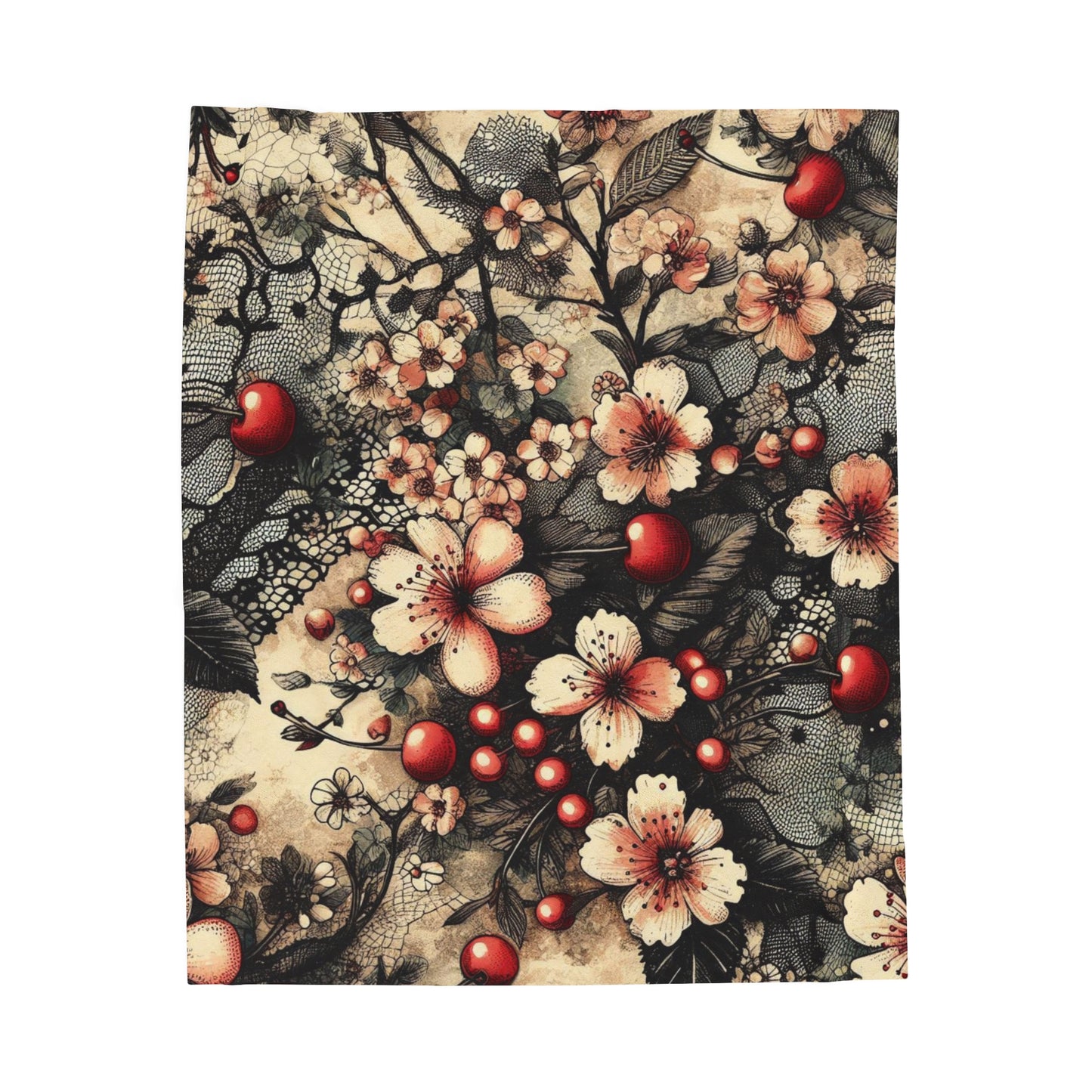 Velveteen Plush Blanket - Blooms, Cherries, and Black Lace