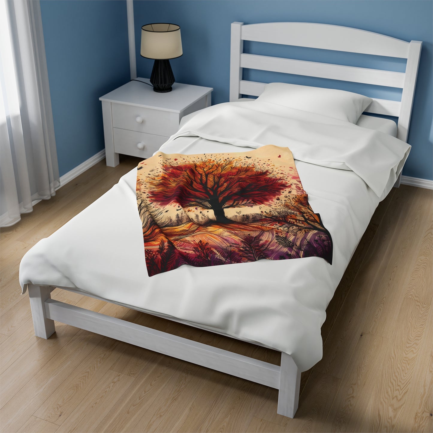 Velveteen Plush Autumn Blanket - Vibrant Tree on a Hill