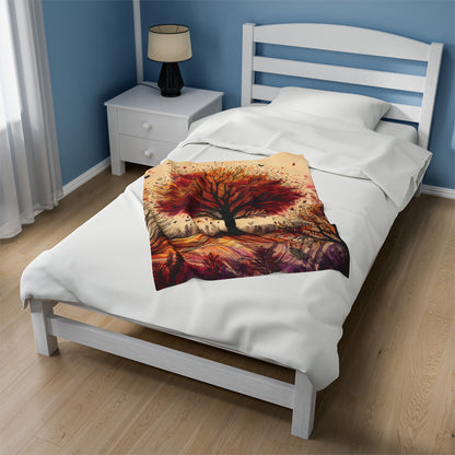 Velveteen Plush Autumn Blanket - Vibrant Tree on a Hill