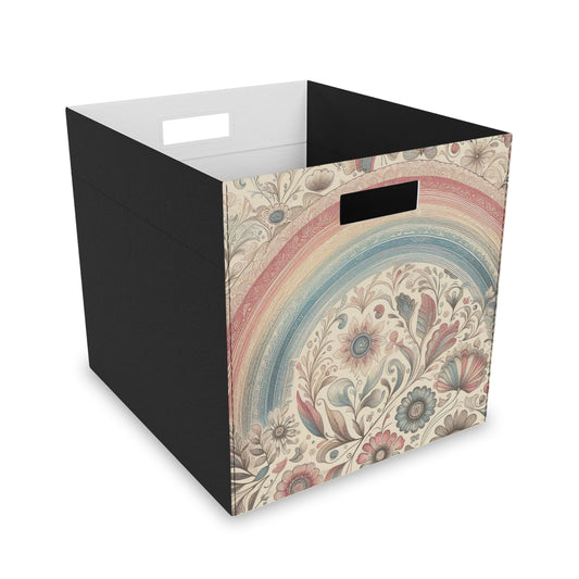 'Granny Chic' Decorative Felt Storage Box - Retro Rainbow and Floral Design  - 14.5" × 13" - For Shelf Organizer or Standalone