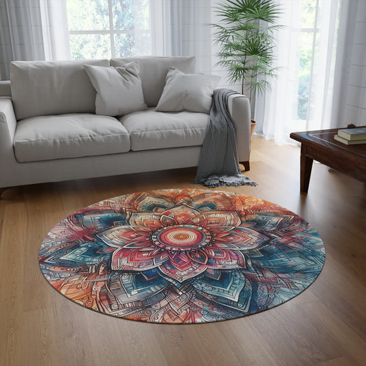 Round 60" x 60" Rug - Boho Floral Mandala Pattern with Blue, Orange, and Pink Tones