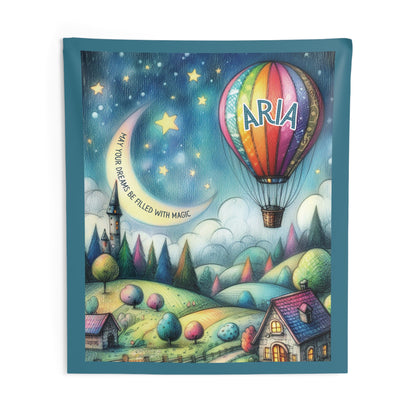 Personalized Children's Tapestry – Custom Hot Air Balloon & Moon Design, Whimsical Night Scene