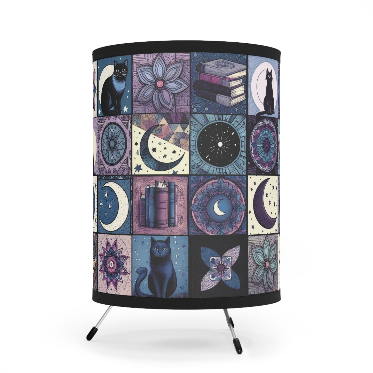 Tripod Table Lamp - Patchwork Cats, Books, & Moons