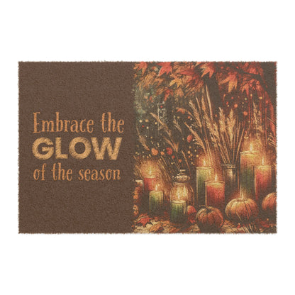 Glow of the Season Autumn Doormat - Fall Leaves, Pumpkins & Candlelight - Serene Outdoor Mat for Fall Decor