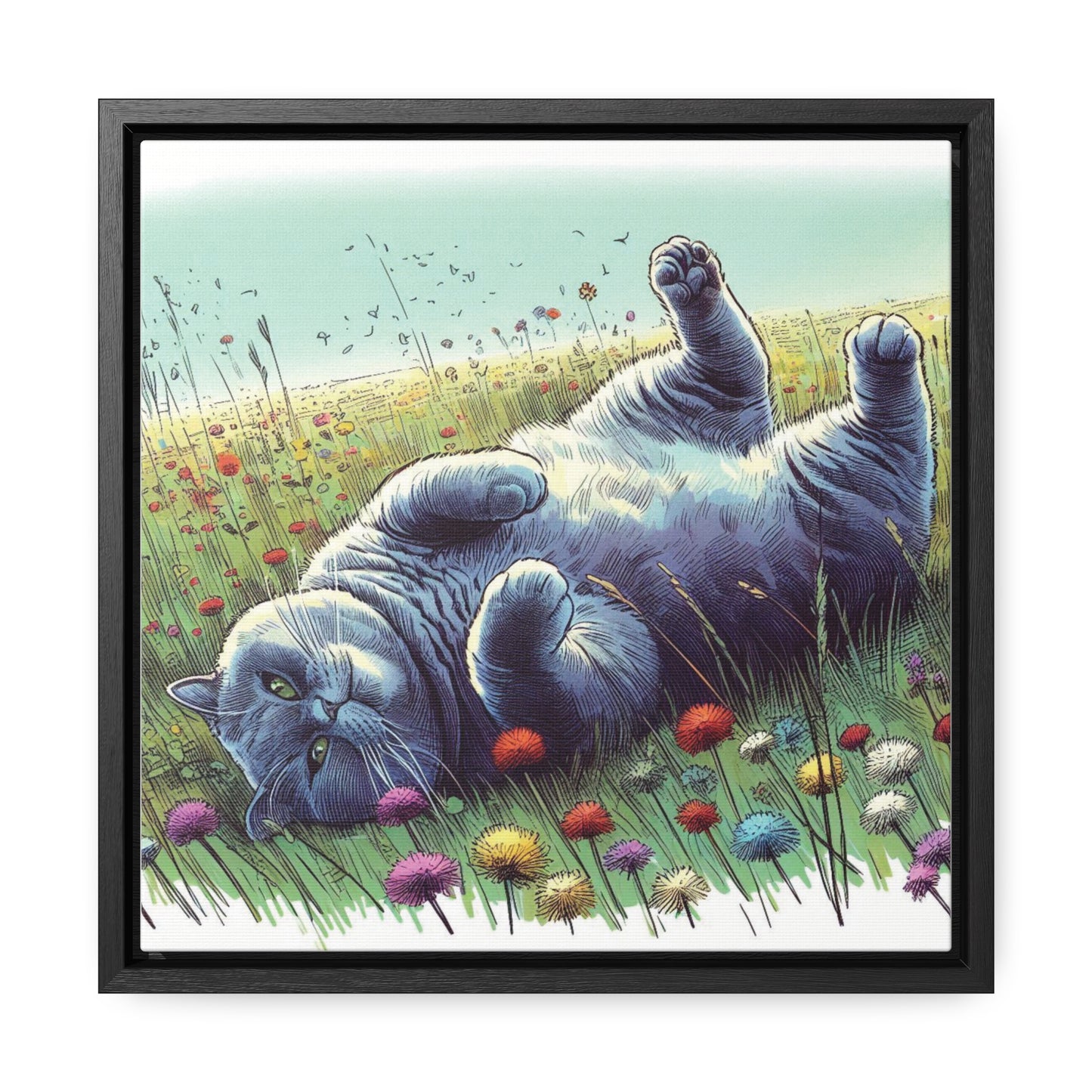 Gray Cat Lounging in Floral Field Gallery-Wrapped Canvas - Cat Lover Gift, Decor for Child's Room or Nursery, Storybook Style Art