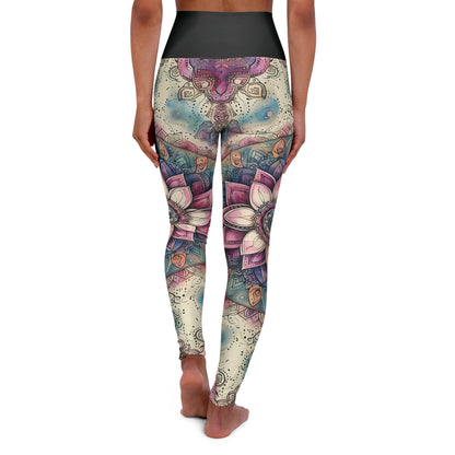 High Waisted Yoga Leggings - Boho Floral Mandala with Pink, Blue, and Cream, XS-2XL