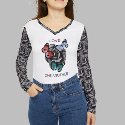 Love One Another Print with Rose and Butterflies - Women's Long Sleeve Inspirational V-neck Shirt