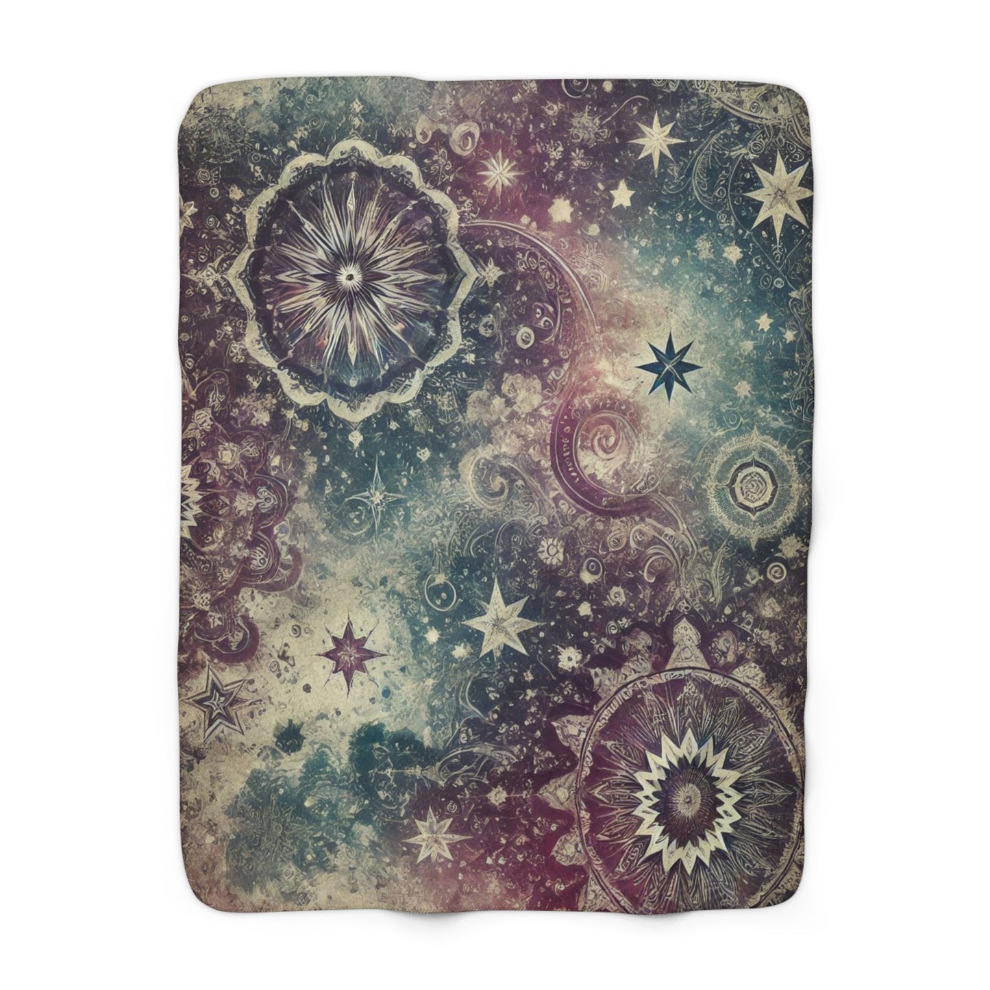 Sherpa Fleece Blanket - Galaxy with Vintage Stars in Purple and Teal