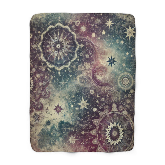 Sherpa Fleece Blanket - Galaxy with Vintage Stars in Purple and Teal