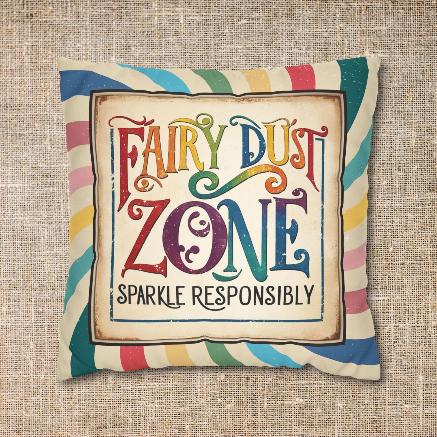 Faux Suede Pillowcase - "Fairy Dust Zone: Sparkle Responsibly" Text in a Whimsical Retro Vintage Rainbow Design