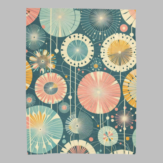 Velveteen Plush Blanket - Whimsical Dandelion Pattern in Retro Teal, Pink, & Yellow