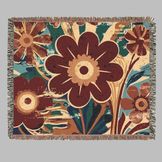 Woven Blanket - Bold 70s Inspired Wildflowers in Burgundy Red