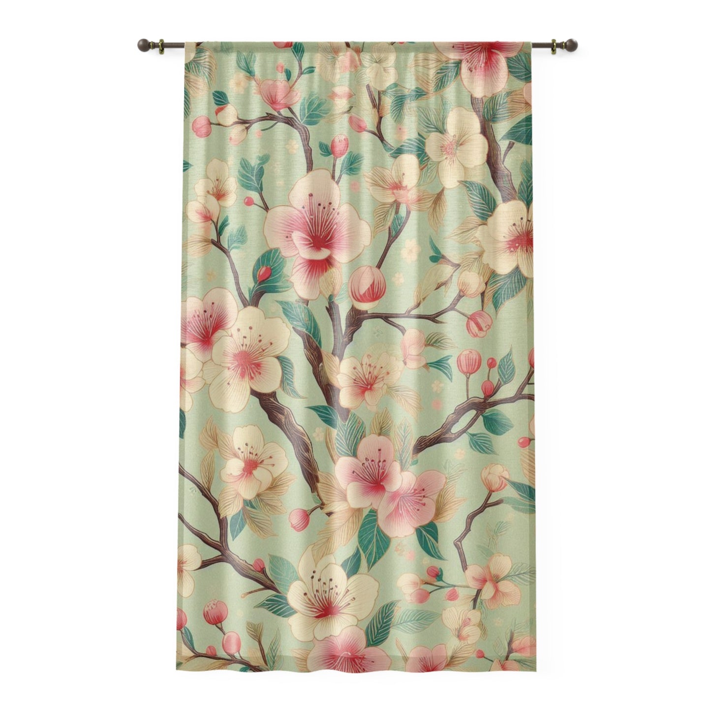 Retro Cherry Blossom Sheer Curtain - Teal, Pink, and Brown Floral Design - 50" × 84" Panel - Fun & Stylish Window Treatment