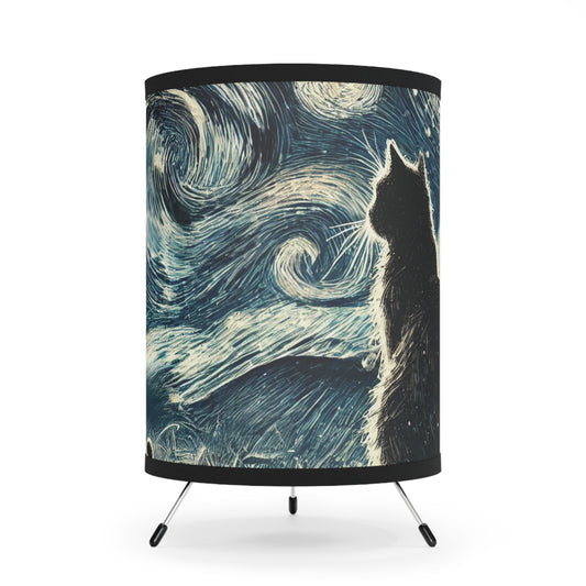 Tripod Table Lamp - Enchanted Night with Black Cat and Whimsical Clouds