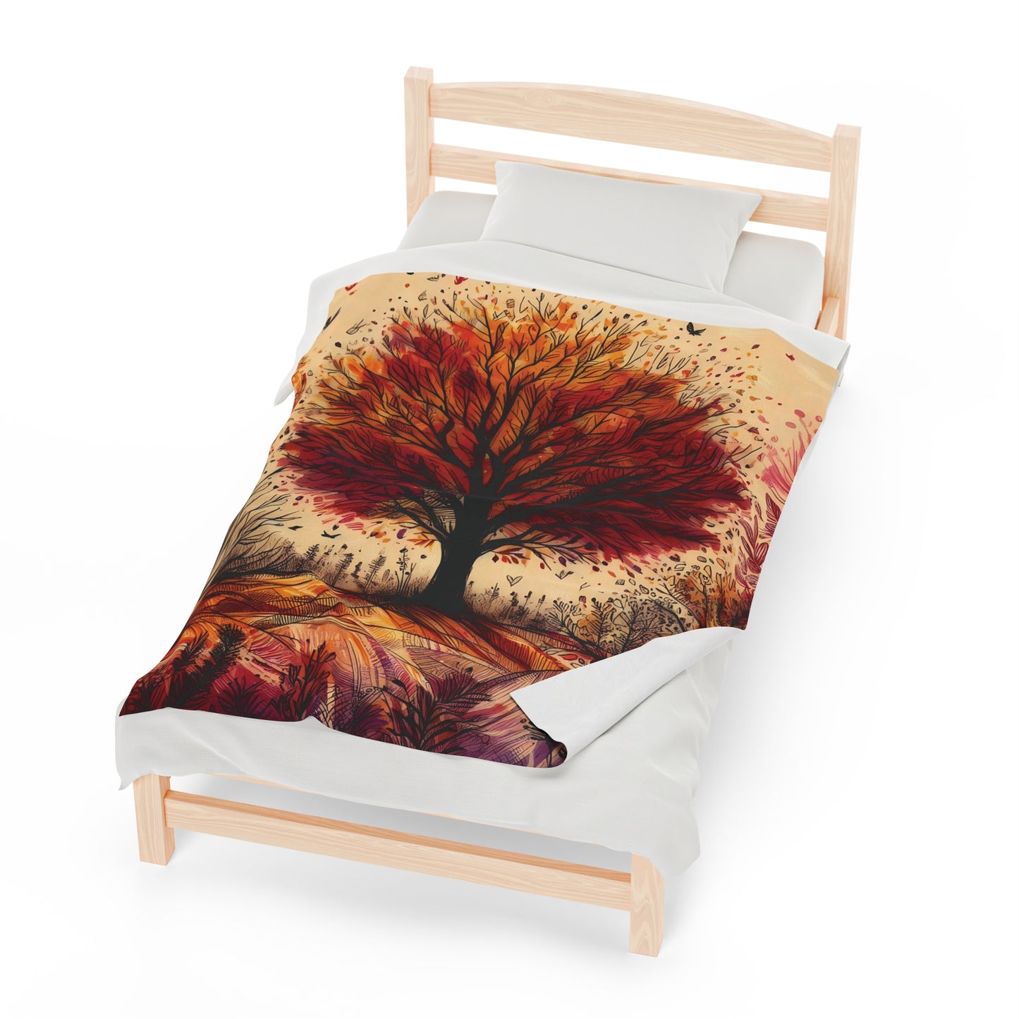 Velveteen Plush Autumn Blanket - Vibrant Tree on a Hill