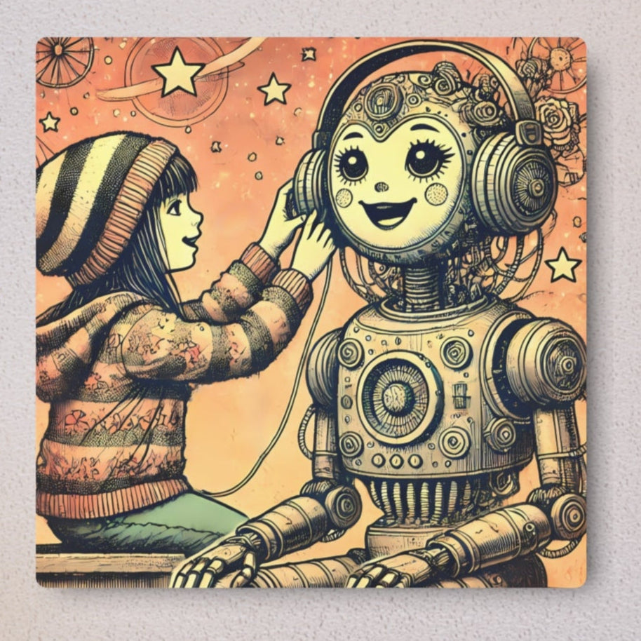 Metal Wall Art - Robot & Girl Retro-Futuristic Music Bond