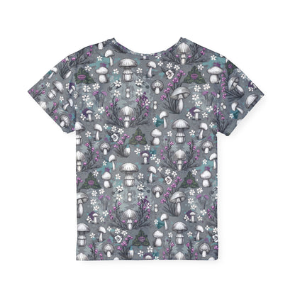 Youth Jersey Style Top - Woodland Mushrooms & Purple Florals, Enchanting Nature-Inspired Playwear