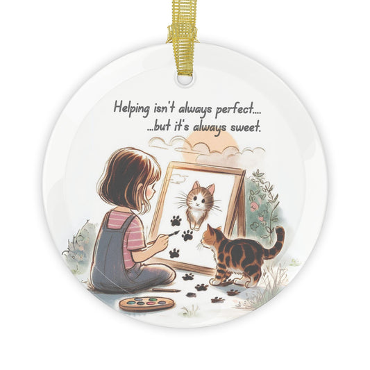 Glass Ornament - Whimsical Illustration of Cat "Helper" - Great Christmas Gift for Cat Lovers