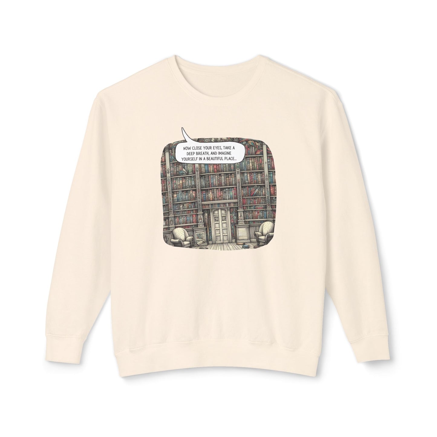 Book Lover's Magical Library Sweatshirt, Illustrating a Ceiling-to-Floor Literary Oasis on a Whimsical Print - Lightweight Attire for Fall and Winter