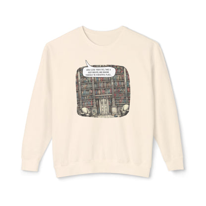 Book Lover's Magical Library Sweatshirt, Illustrating a Ceiling-to-Floor Literary Oasis on a Whimsical Print - Lightweight Attire for Fall and Winter