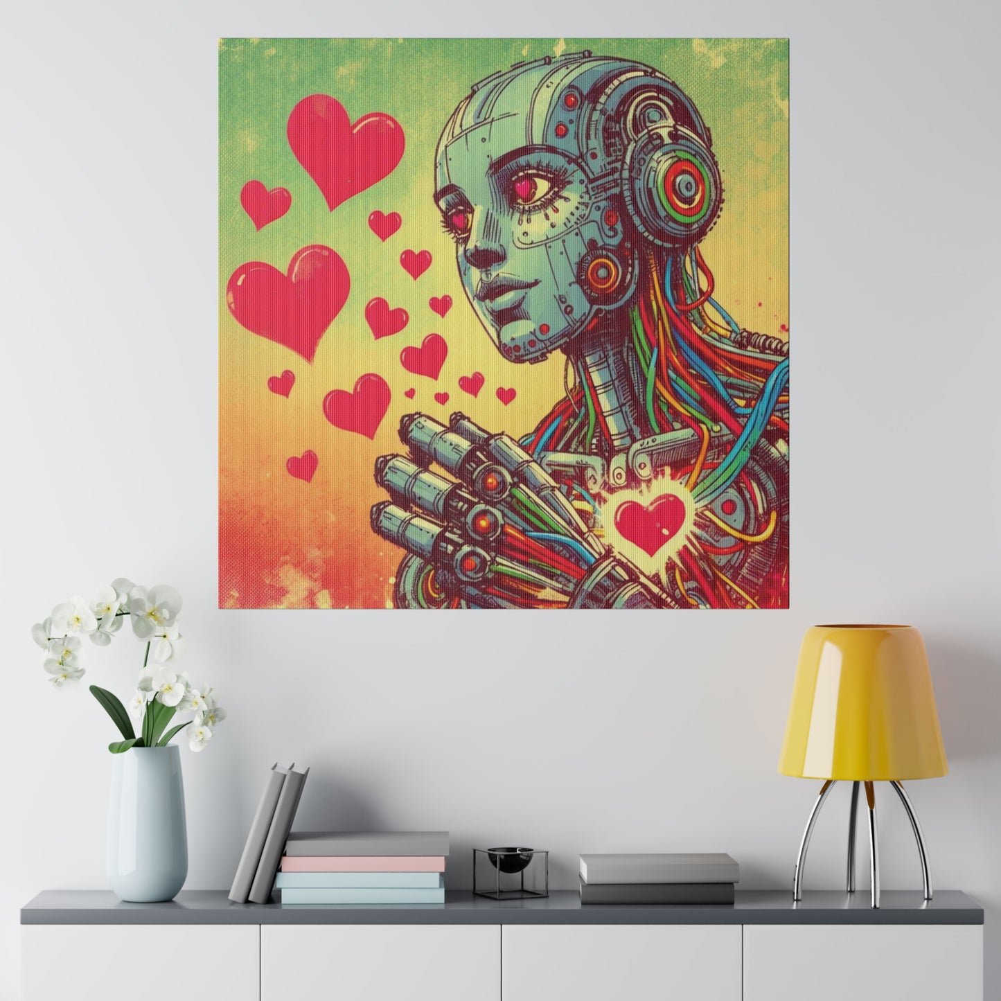 Retro-Futuristic Robot Love Matte Canvas – Graphic Novel Style Sketch, Vibrant Wall Art