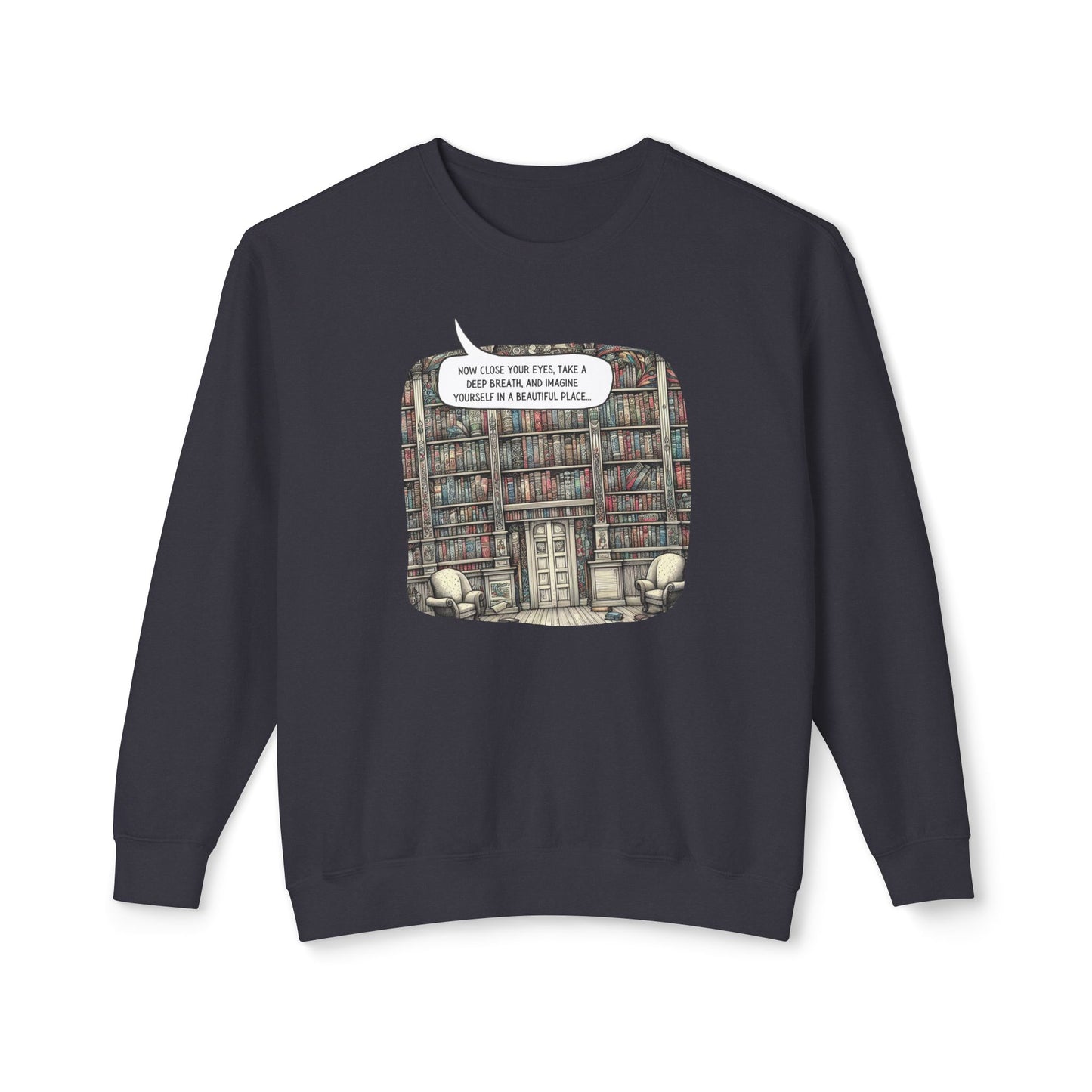 Book Lover's Magical Library Sweatshirt, Illustrating a Ceiling-to-Floor Literary Oasis on a Whimsical Print - Lightweight Attire for Fall and Winter