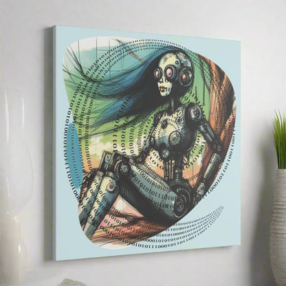 Canvas Print - Retro-Futuristic Female Robot Dreaming in Binary, 70s 80s Sci-Fi Cyberpunk Wall Art