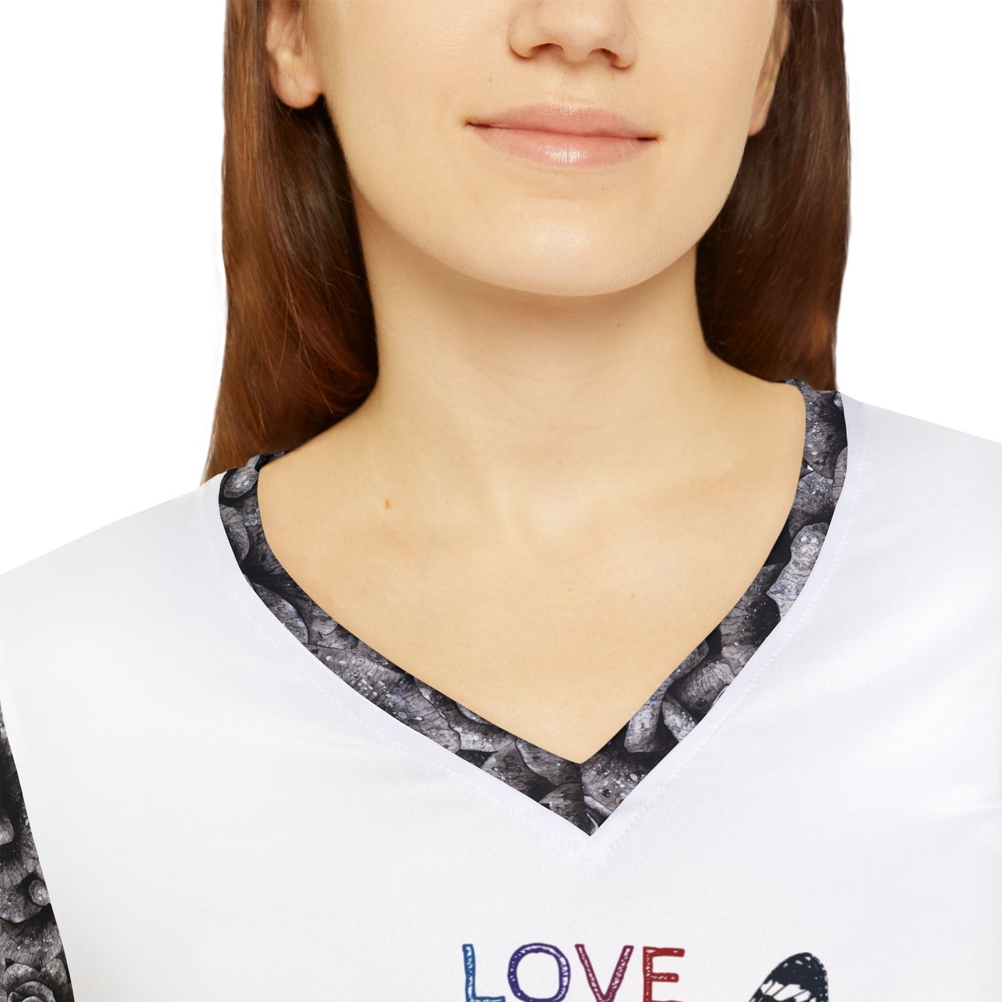 Love One Another Print with Rose and Butterflies - Women's Long Sleeve Inspirational V-neck Shirt