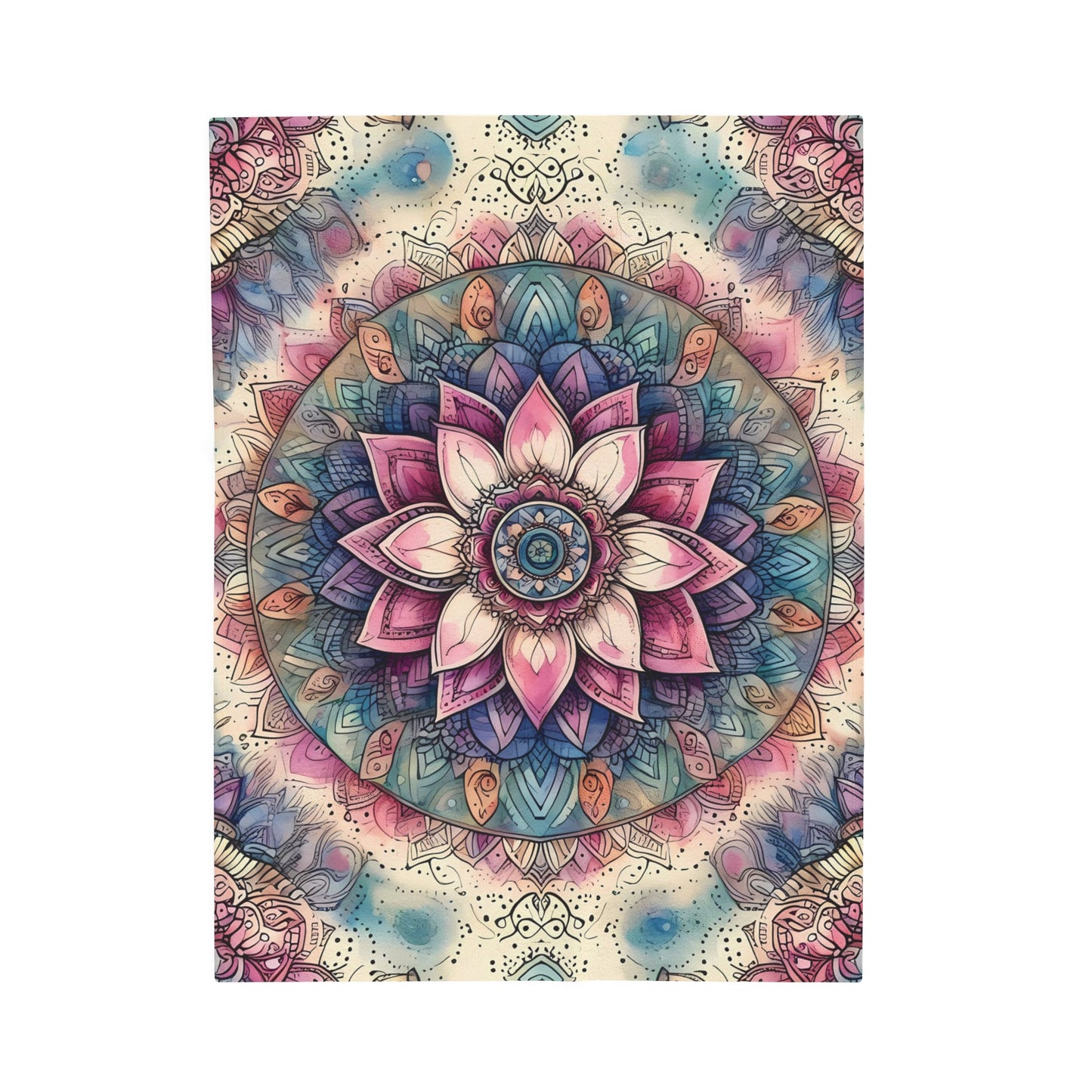 Velveteen Plush Boho Blanket - Vibrant Mandala Pattern with Blue, Purple, Pink, and Cream