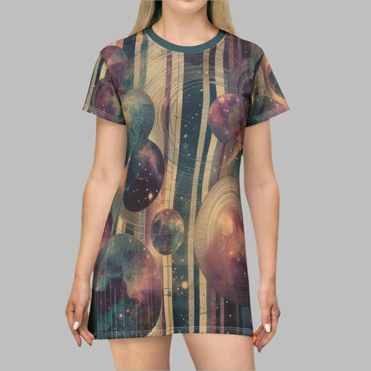 Tunic T-Shirt Dress - Dreamy Planets and Stripes in Purple & Blue Hues