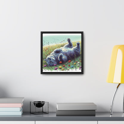 Gray Cat Lounging in Floral Field Gallery-Wrapped Canvas - Cat Lover Gift, Decor for Child's Room or Nursery, Storybook Style Art