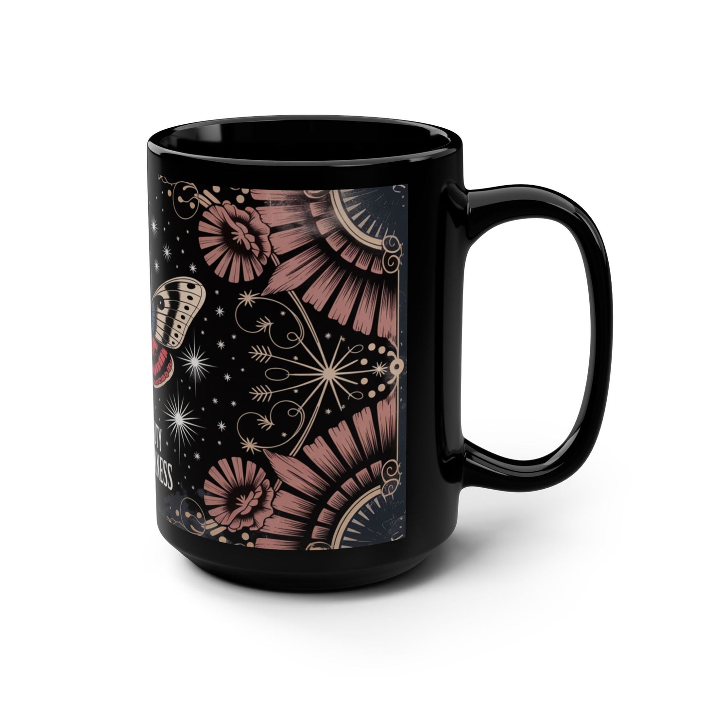 Find Beauty in the Darkness Mug, Mystical Moth and Moon Design, 15oz Black Ceramic Coffee or Tea Cup for Gothic Nature Lovers