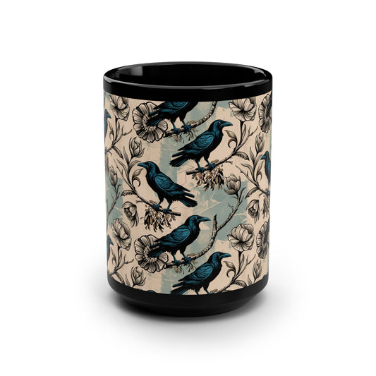 Blue Raven and Botanical Mug, Vintage-Style Black Bird and Floral Pattern, 15oz Black Ceramic Coffee or Tea Cup for Gothic Nature Lovers