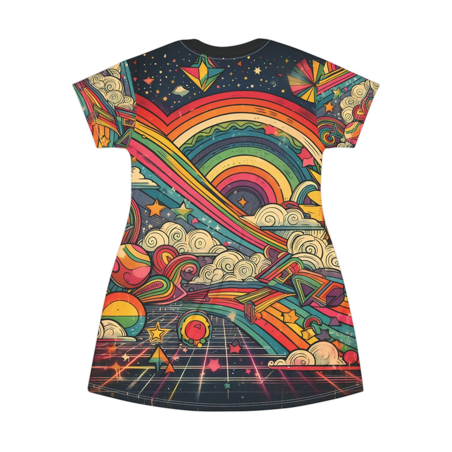 Retro Rainbow 80s Tunic T-Shirt Dress - Bold Geometric Stripes and Stars with Black Grunge Background, Comic Book Vibes