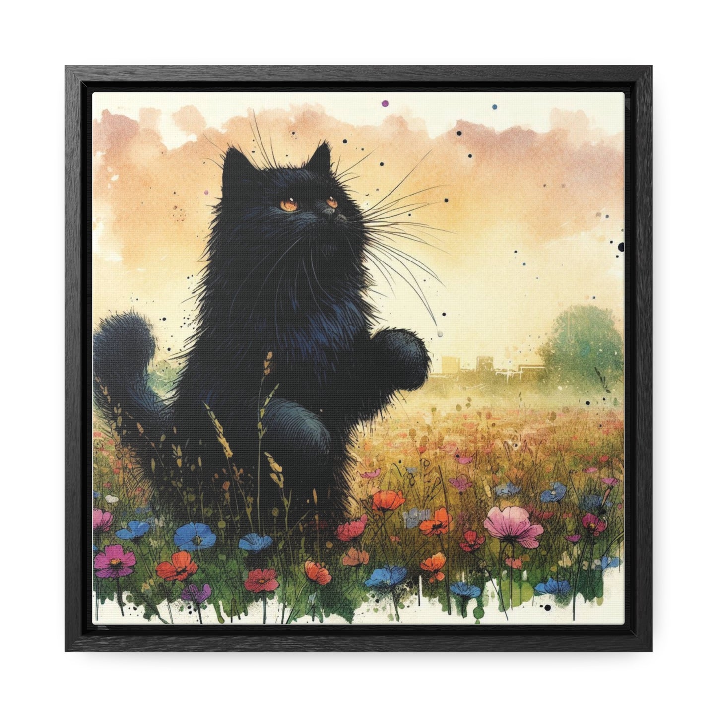 Playful Black Long-Haired Cat Floral Field, Gallery-Wrapped Canvas - Cat Lover Gift, Decor for Child's Room or Nursery