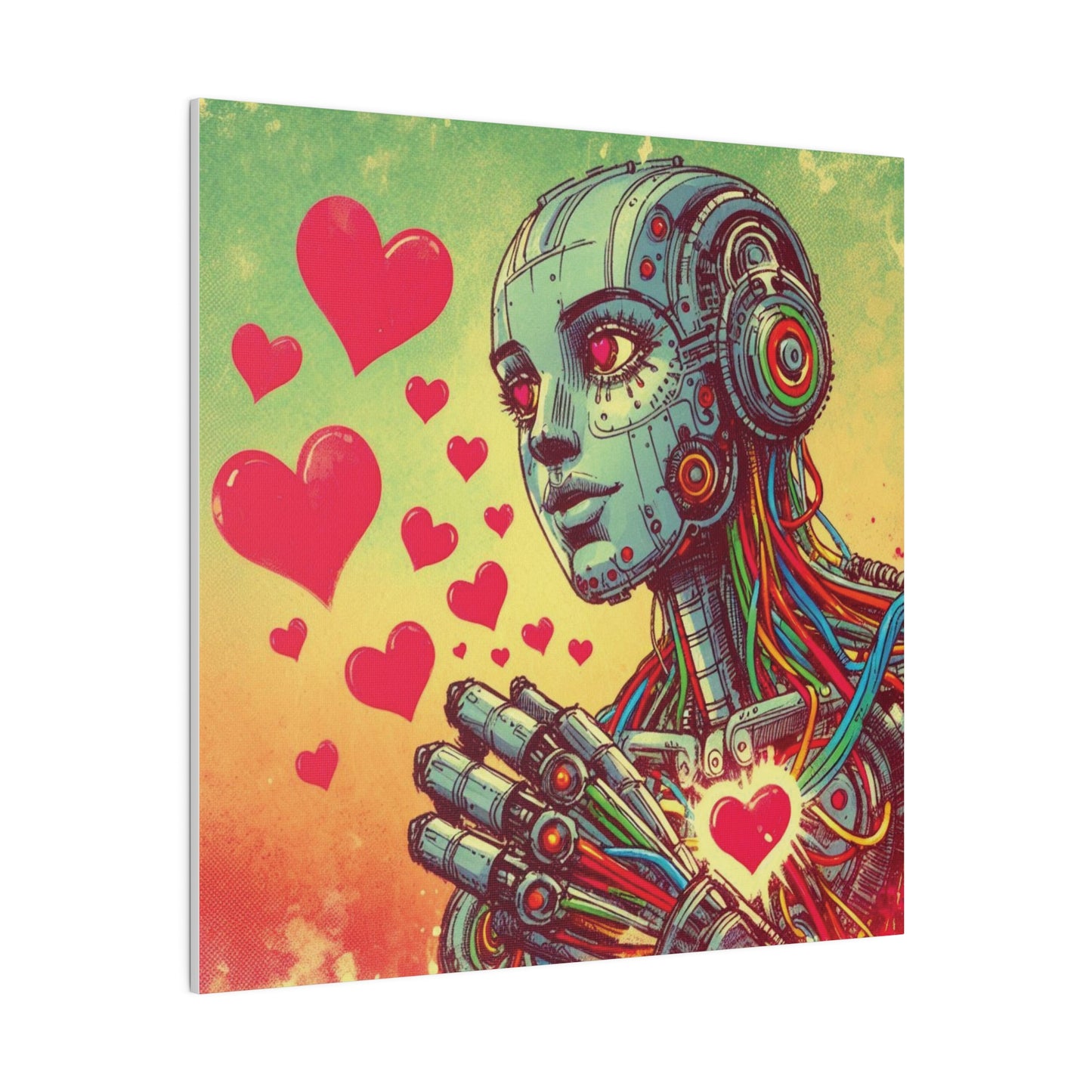 Retro-Futuristic Robot Love Matte Canvas – Graphic Novel Style Sketch, Vibrant Wall Art