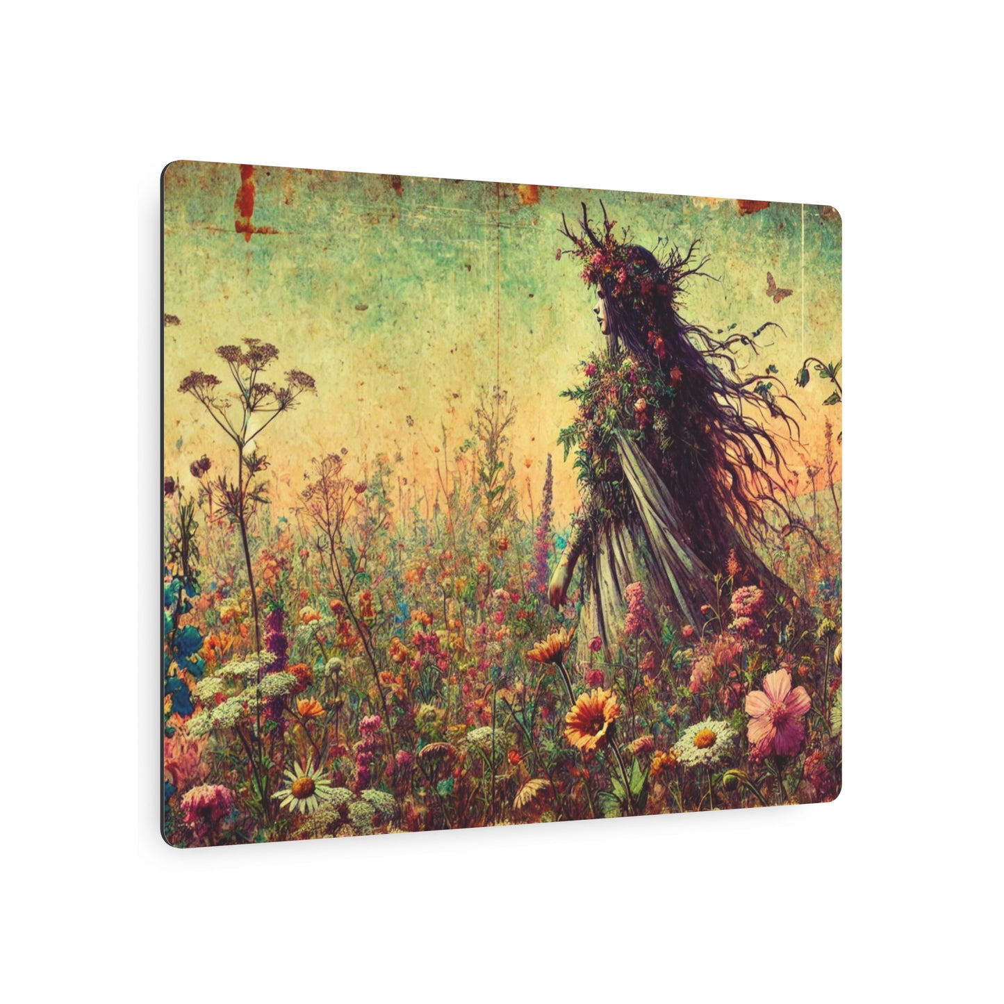 Metal Wall Art - Ancient Earth Goddess Walking Through Vast Wildflower Field