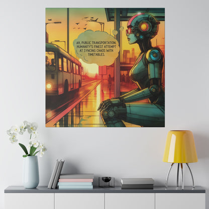 Funny Canvas Print - Retro Sci-Fi Robot Bus Stop Graphic Novel Art, Watercolor Style, Sunset, Moody, Futuristic, Matte Wall Art, Stretched Canvas