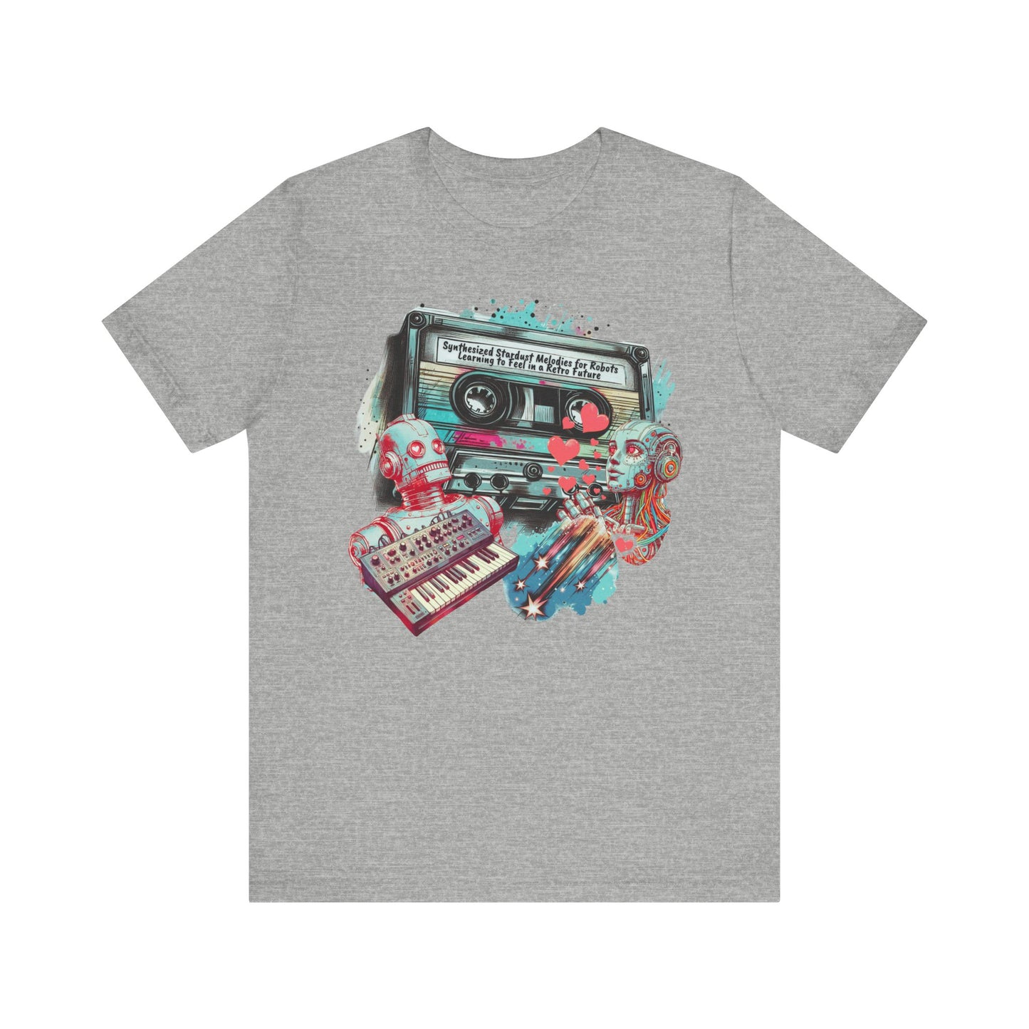 Mixtape T-Shirt - "Synthesized Stardust Melodies" Collage, Unisex Tee with Retro Cassette Tape Design, Great Gift for Music Lovers