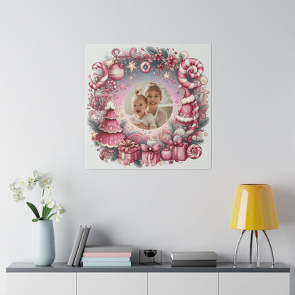 Custom Whimsical Pink Christmas Square Canvas with Photo of Family, Child, Couple, Pet, Friends - Create Magical Holiday Wall Decor