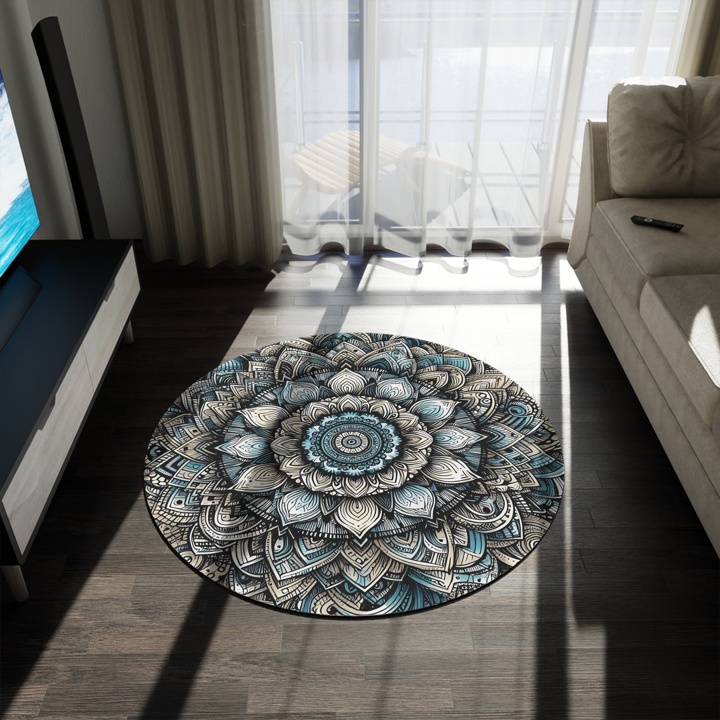 Round 60" x 60" Rug - Boho Mandala Pattern with Blue and Black Tones