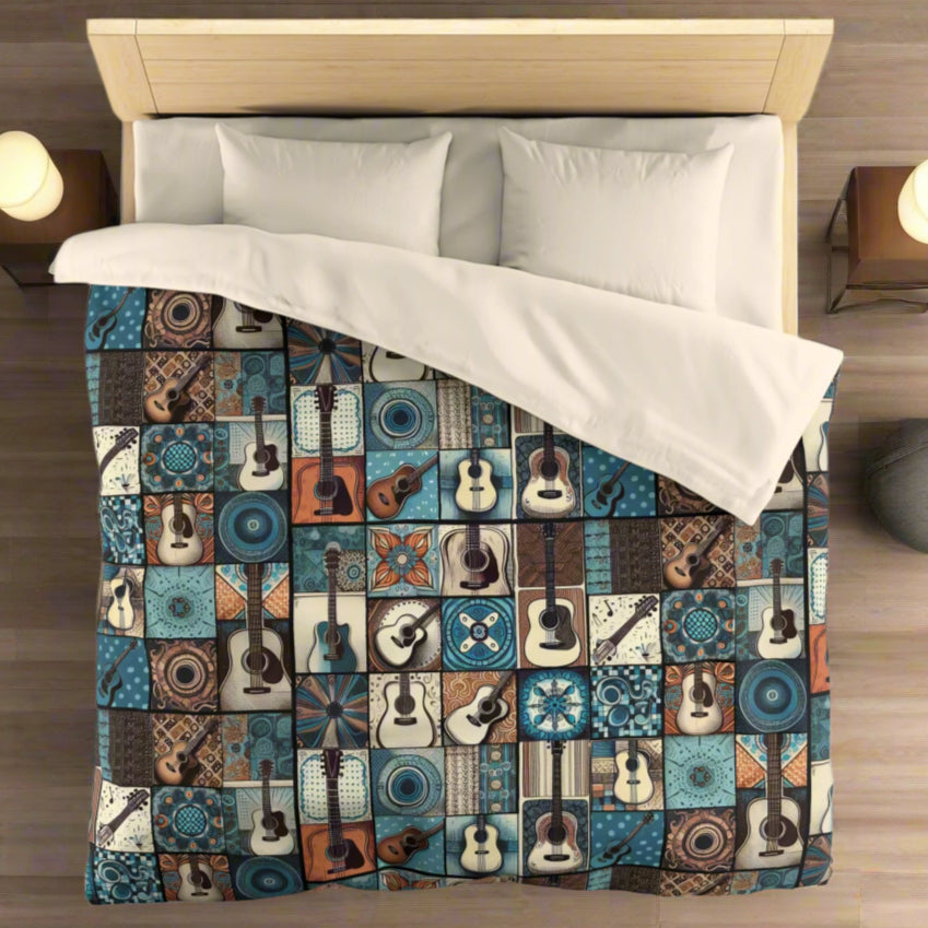 Duvet Cover - Acoustic Guitar Patchwork in Blue & Brown Hues