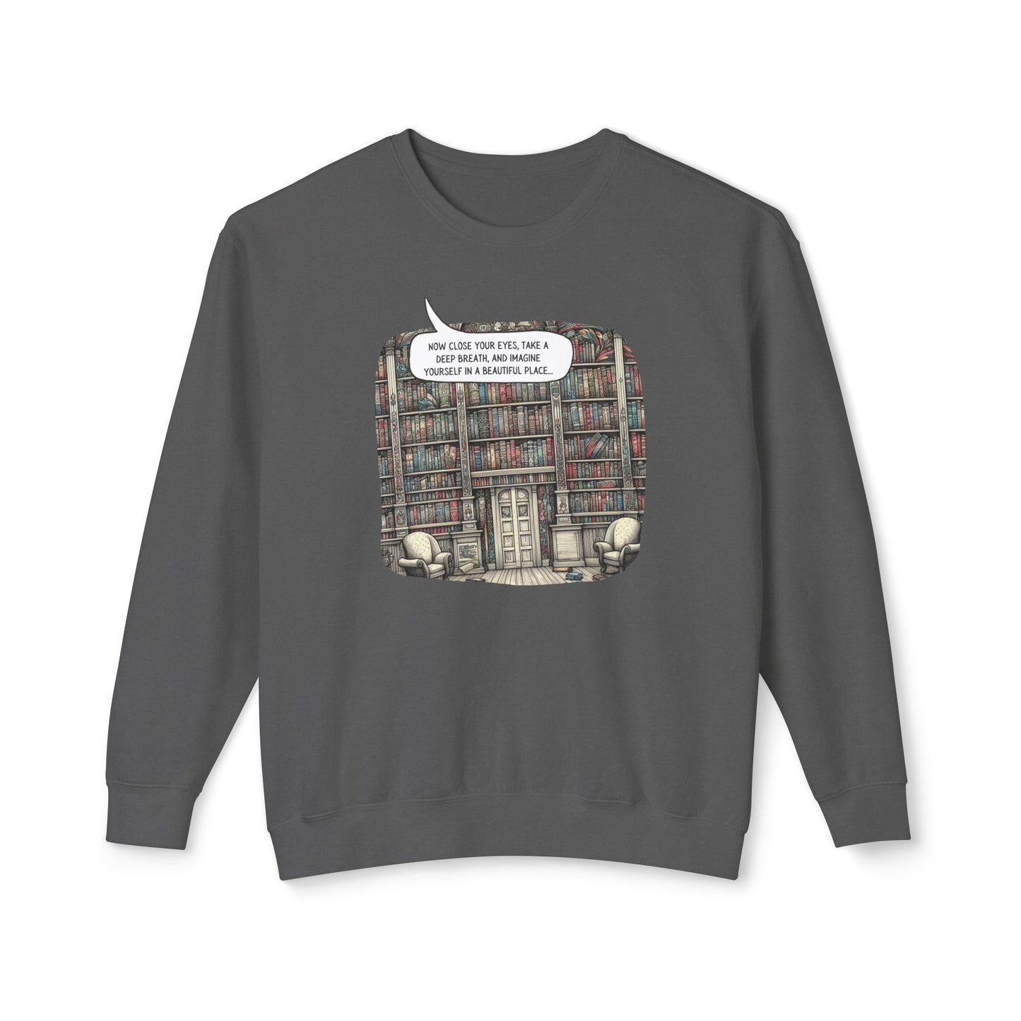 Book Lover's Magical Library Sweatshirt, Illustrating a Ceiling-to-Floor Literary Oasis on a Whimsical Print - Lightweight Attire for Fall and Winter