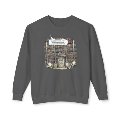 Book Lover's Magical Library Sweatshirt, Illustrating a Ceiling-to-Floor Literary Oasis on a Whimsical Print - Lightweight Attire for Fall and Winter