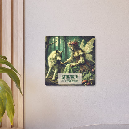 Metal Wall Art - Fairy & Wolf Companion in the Forest Night, "Strength Is Found in the Quietest Bonds"